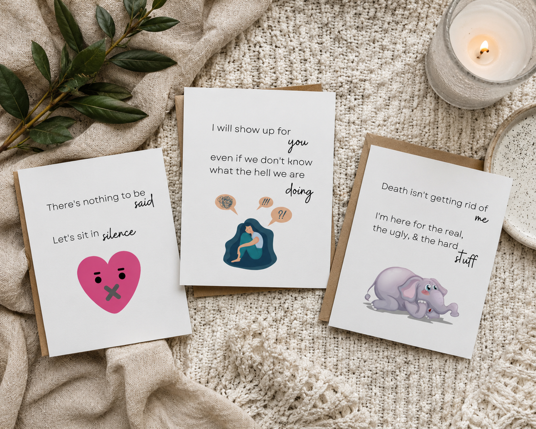 Three Butterflies + Halos grief cards about sitting in silence, showing up, and staying with someone through grief.