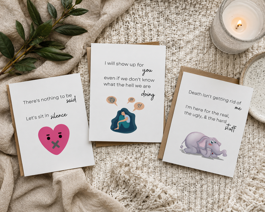 Three Butterflies + Halos grief cards about sitting in silence, showing up, and staying with someone through grief.
