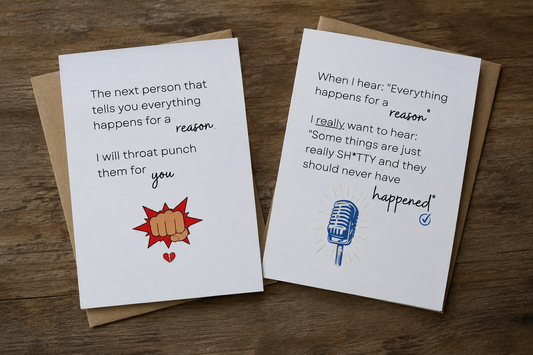 Two Butterflies + Halos grief cards about the phrase everything happens for a reason