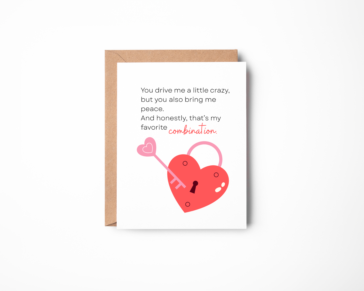 Valentine’s Day greeting card with heart lock illustration and message about bringing both peace and chaos in love.